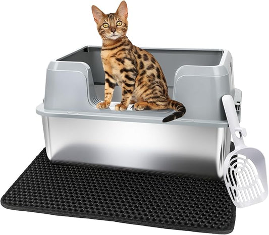 Vivifying Stainless Steel Cat Litter Box, Large Semi-Enclosed Litter Box with Lid and Mat, Anti-Leakage Metal Pan for Easy Cleaning & Odor Control (Gray)