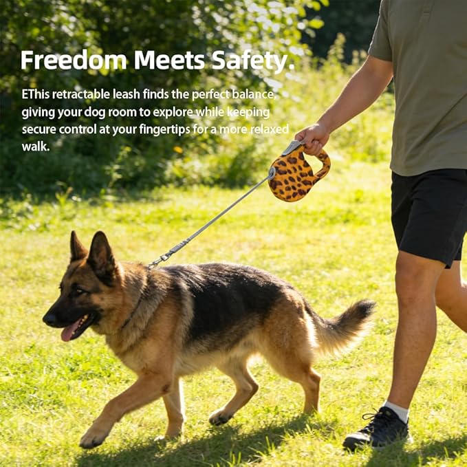 Retractable Dog Leash for Medium & Large Dogs up to 80 lbs, One-Handed Brake, 180kg Strong Nylon Tape, Tangle Free, Anti-Slip Handle (M & L Size) (Leopard Print, M-4M)