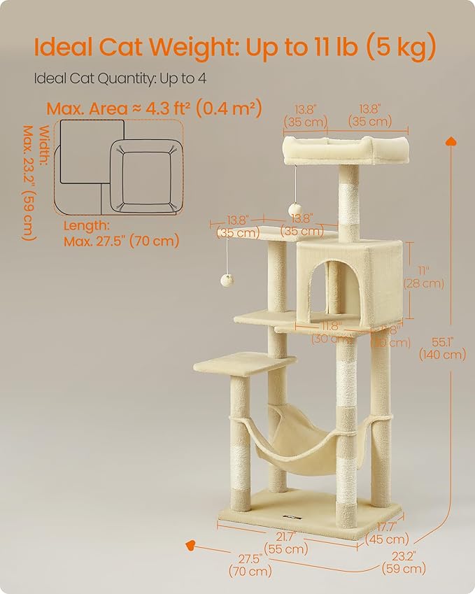 Feandrea Cat Tree, 55.1-Inch Cat Tower, Plush Multi-Level Condo with 4 Scratching Posts, 2 Perches, Hammock, Cave, Beige UPCT161M01