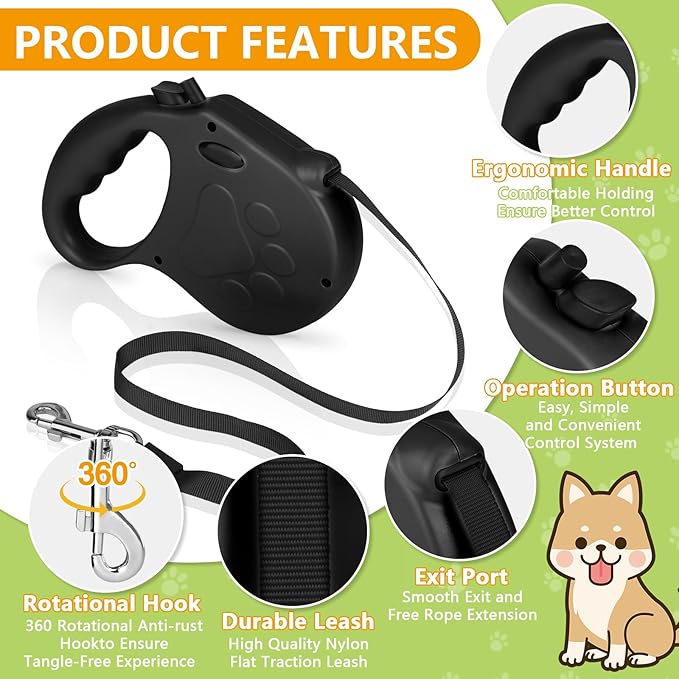 Retractable Dog Leash, 16ft Dog Walking Leash for Small Dogs up to 77lbs, Non-Slip Handle - Black