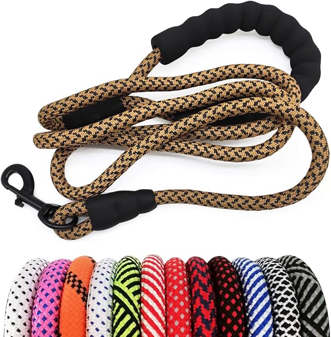 MayPaw Heavy Duty Rope Dog Leash, 3/4/5/6/7/8/10/12/15 FT Nylon Pet Leash, Soft Padded Handle Thick Lead Leashes for Large Medium Dogs (Brown, 1/2" * 6')