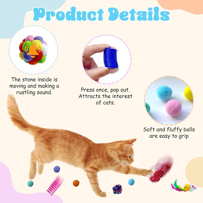 27Pcs Cat Toys Variety Pack for Indoor Cats, Interactive Spring Cage Mice & Small Mice, Plush Balls, Crinkle Balls, Colorful Springs, Cat Chew Chase Play Set for Boredom Relief & Self Play