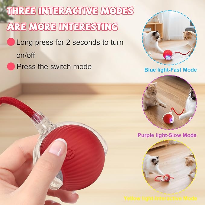 Automatic Interactive Cat Toys Ball, Motion Activated Kitten Toys with Twitchy Tail, 3 Speed Modes & Rechargeable Battery, Fun Indoor Cat Enrichment Toys for Small Medium Large Cats (Red)