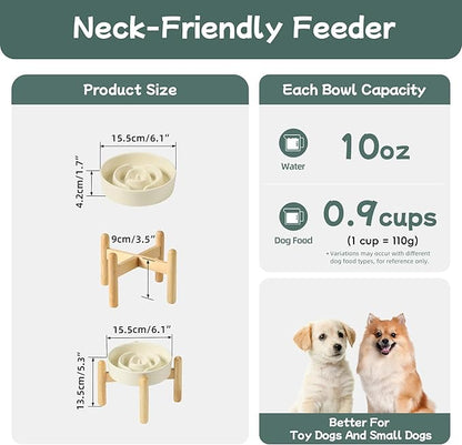 Ceramic 0.9 Cup Raised Dog Slow Feeder Set, Elevated Bowl with Wooden Stand for Small Dog and Cat, 6.1inch Puzzle Slow Dog Food Dish, Anti-Gulping(Light Yellow, Single Bowl+ Stand)
