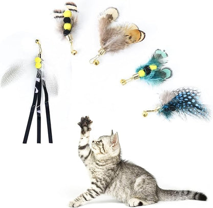 Cat Insect Feather Toys Replacement Cat Toy Wand Refills, 6 Pieces Natural Insect Cat Toy Feathers Refill, Interactive Cat Teaser Wand Attachments, with Bell