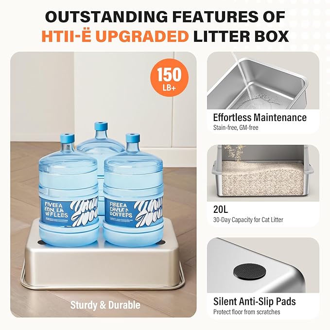 Removable Stainless Steel Cat Litter Box with lid, Side & Top Entry Kitty LitterBox，Cat Litter Box Enclosure, XL Extra Large High-Sided Metal Cat Box with Scoop, Footboard（Grey）