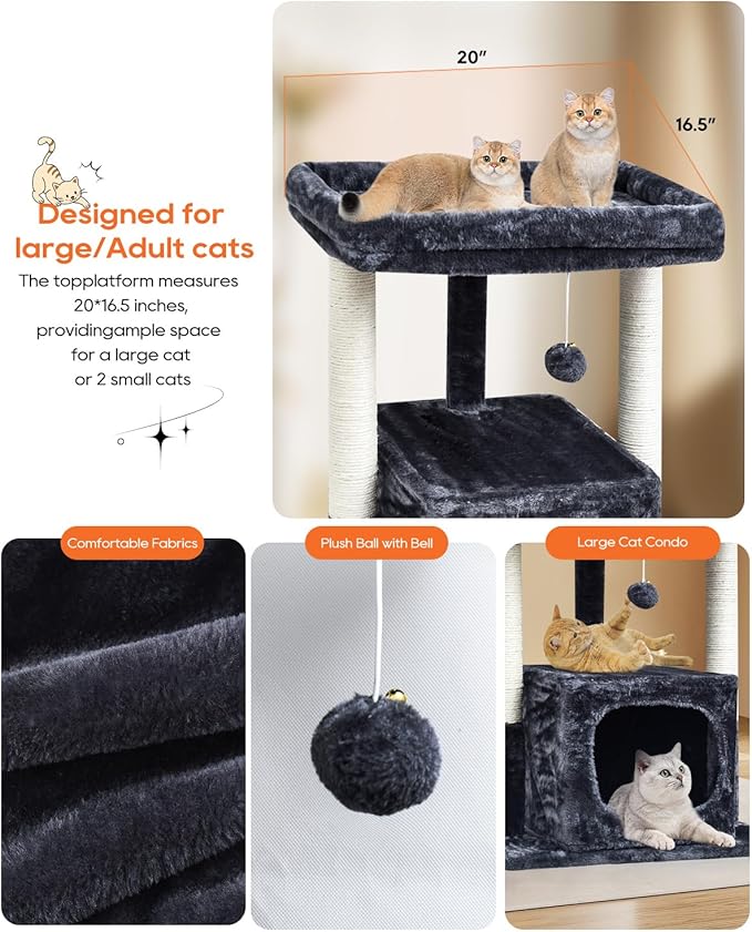 SYANDLVY 27IN Cat Tree for Indoor Cats Large Adult, Modern Activity Tower with Scratching Posts, Condo with Plush Perch, Climbing Stand with Spring Ball for Play, Smoky