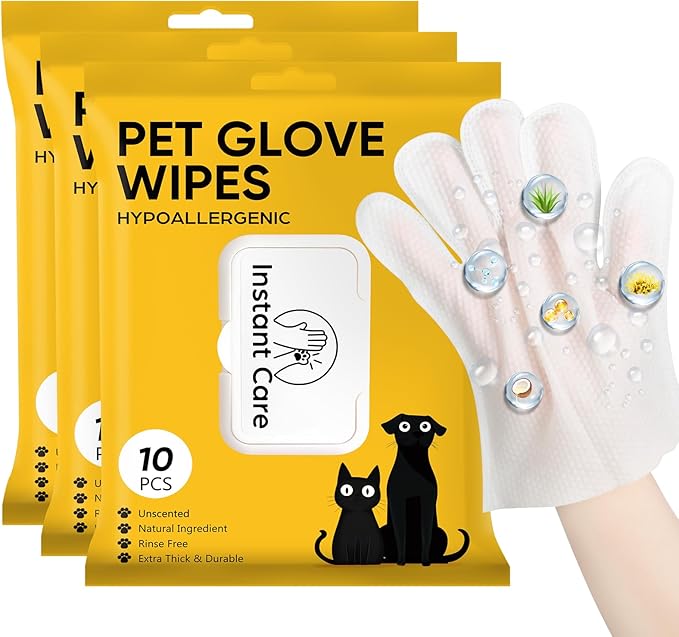 Pet Glove Wipes for Dogs Cats - Unscent Dog Washing Wipes & Waterless Cat Bathing Gloves Cleaning Deodorizing Grooming Wipe for Fur Paws Butt Face, Disposable Rinse Free Shampoo Mittens,30PCS