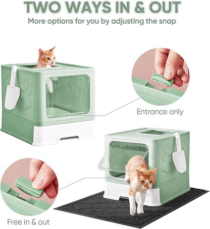 Cat Litter Box with X-Large Litter Mat and Scoop, Large Covered Litter Box with Lid, Enclosed Kitty Box,Front Top Entry Exit, Odor Control Easy to Clean (Upgrade Green)