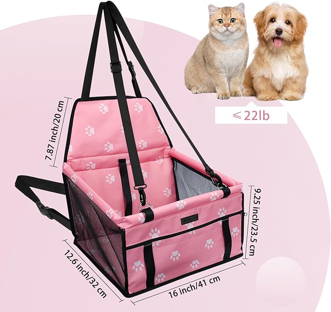 PetsHome Dog Car Seat Foldable Dog Car Booster Seat Waterproof Breathable Oxford Travel Bag for Small to Medium Dogs, Puppies, and Pets-Footprint Pink