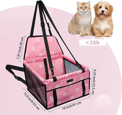 PetsHome Dog Car Seat Foldable Dog Car Booster Seat Waterproof Breathable Oxford Travel Bag for Small to Medium Dogs, Puppies, and Pets-Footprint Pink