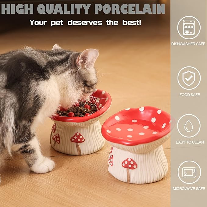 Ceramic Cat Bowl, Cute Red Mushroom Elevated Cat Food Dish, Shallow Raised Feeder, Anti Vomiting, Stress Free, Whisker Fatigue