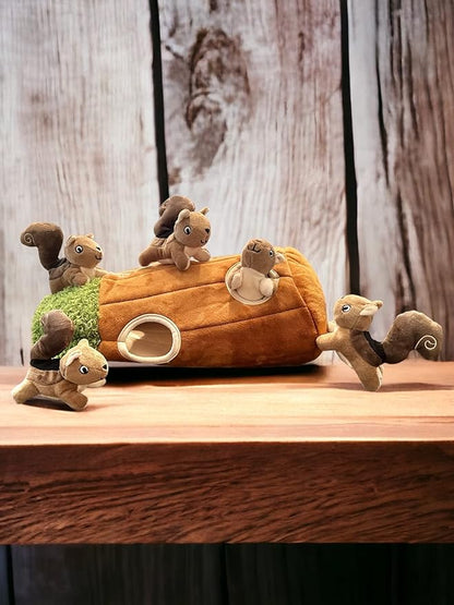 Glow Pups Hide and Seek Dog Toy Squirrel in Tree Trunk, Plush Interactive Burrow Dog Toy with Squeaker, Promotes Mental Stimulation, Easy to Clean, Woodland Style, Large (Brown)