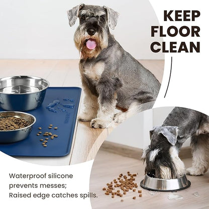 VIVAGLORY Dog Food Mat Flexmat Dog Bowl Mat, Placemat Food Tray with Raised Edges & Lip for Indoor Floor, Non Slip Waterproof Silicone Dish Placemat for Cat & Pet, L, Navy Blue