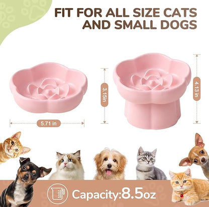 Cat Slow Feeder Flower-Shaped Ceramic Slow Feeder Cat Bowl, Tilted Raised Cat Slow Feeder Bowl for Whisker Relief, Prevents Vomiting & Bloating, Non-Slip Base, Cat Bowls for Dry and Wet Food - White