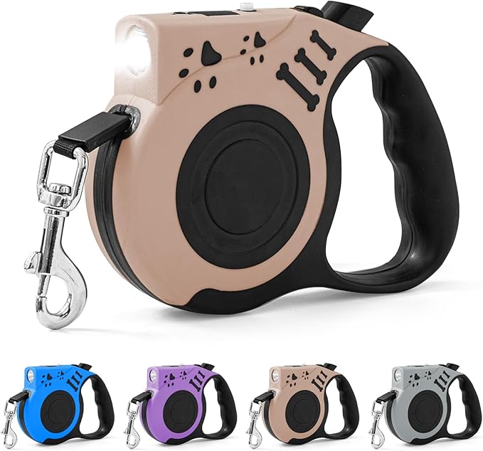 Retractable Dog Leash with USB Rechargeable Flashlight for Night Walks, 16FT Automatic Telescopic Tractor Dog Leash for Small and Medium Dogs, Beige