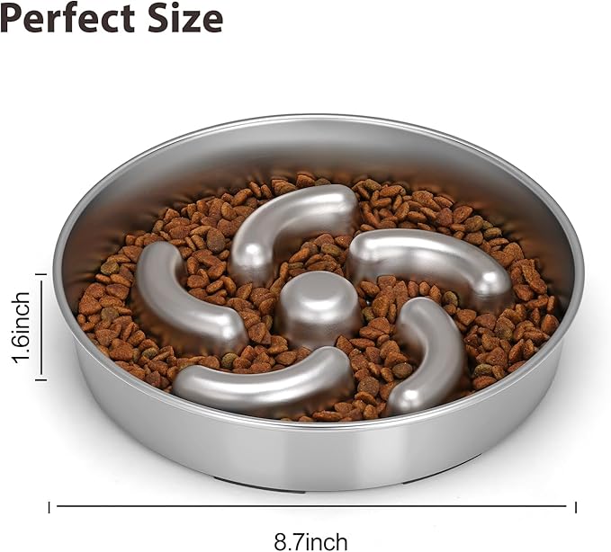 Slow Feeder Dog Bowl, 8.7 inch Stainless Steel Heavy Duty with Non-Slip Base Puzzle Maze Dog Food Bowls for Medium, Large Breed Size Dogs to Slow Down Eating