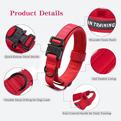 Xqpetlihai Tactical Dog Collar and Leash Set Adjustable Military Nylon Dog Collar with Control Handle and Heavy Duty Metal Buckle for Large Dogs（Red L