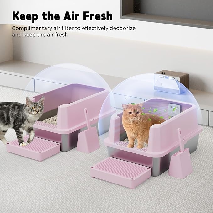 RIZZARI Stainless Steel Litter Box: Large Pink Leakproof Open Tray with Wipe-Clean Design - Odor Control - Teflon Non-Stick - with Deodorizer - 2 Pack - for Cats Up to 20 lbs - in Bathroom Restroom