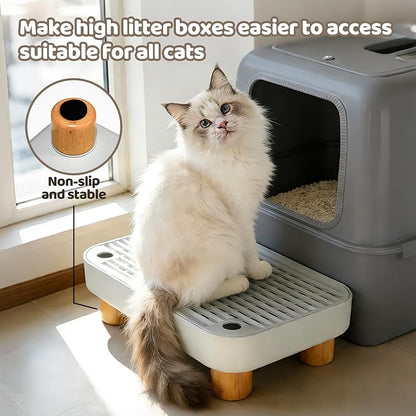 Cat Litter Box Step for Automatic/Self-Cleaning Litter Boxes - Anti-Tracking Catcher Ramp with Filter, Non-Slip Wooden Base, Easy Clean for Kittens & Elderly Cats