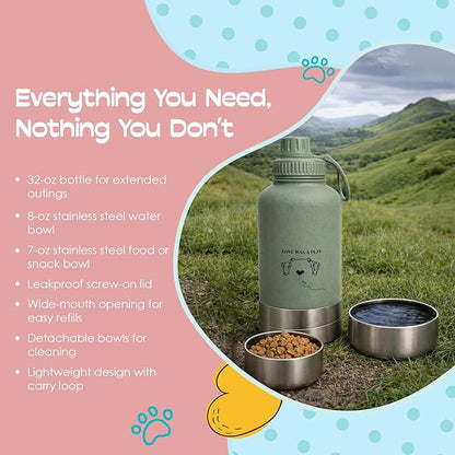 Love Wag & Play Dog Water Bottle with Food Bowls, Portable Stainless Steel Bottle for Dogs, Leakproof Travel Design with Detachable Bowls for Walks, Hikes and Outdoor Adventures (32 oz)