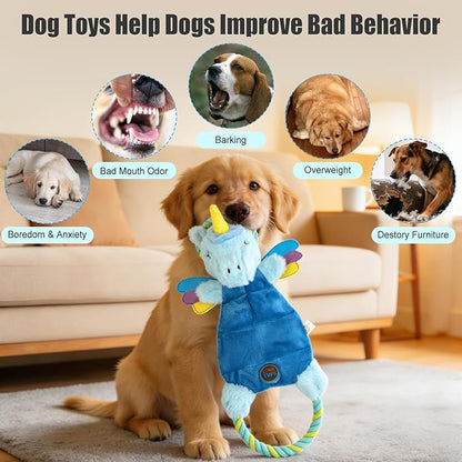 Interactive Squeaky Dog Chew Toy, Tough Plush Dog Toys for Chewers, Small, Medium & Large Dogs, Plush with Double Rope Handles for Tug of War, Mess-Free, Light Blue