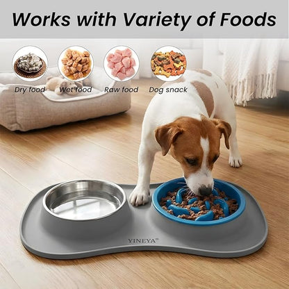 Slow Feeder Dog Bowls Stainless Steel Food and Water Bowl Set 3 in 1 No Spill Waterproof Silicone Pet Food Mat Puppy Feeding Station for Large Medium Small Breed Non Slip Metal Dish Tray by YINEYA