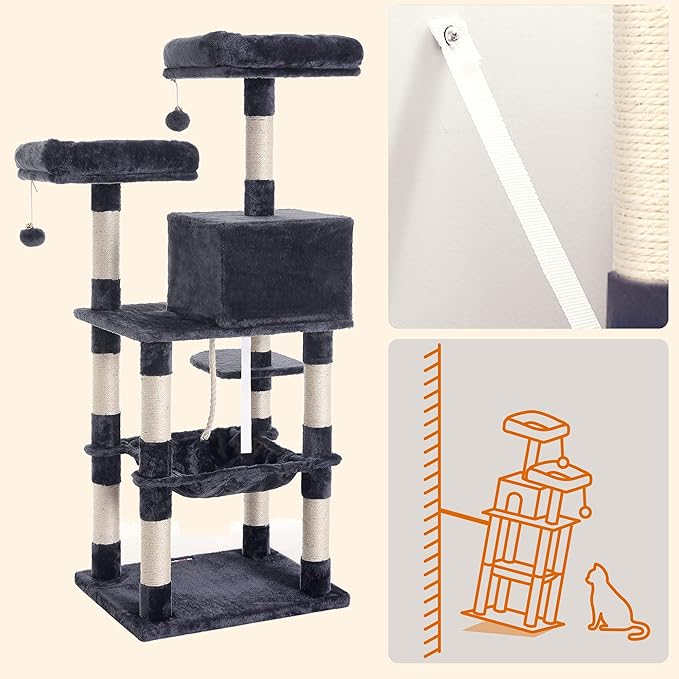 Feandrea Cat Tree, 56.3-Inch Cat Tower, Multi-Level Plush Condo with 11 Scratching Posts, 2 Perches, Hammock, Cave, Smoky Gray UPCT15GYZ
