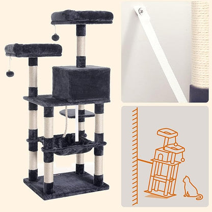 Feandrea Cat Tree, 56.3-Inch Cat Tower, Multi-Level Plush Condo with 11 Scratching Posts, 2 Perches, Hammock, Cave, Smoky Gray UPCT15GYZ