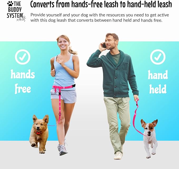 The Buddy System Hands Free Dog Leash, Adjustable Leash for Running, Jogging, Training and Service Dogs, Great for Small, Medium and Large Dogs, Made in USA (Pink, Small Dog System (Large Belt))