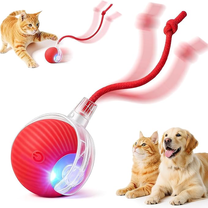 Interactive Cat Toy Ball, Automatic Intercative Cat Toys for Indoor Cats, The 3rd Generation Agile Moving Cat Ball with Elastic Mesh Tail, Toys for Indoor Adult Cats (Red)