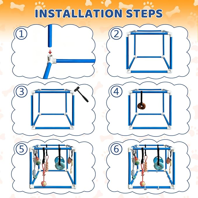 Puppy Play Gym with 8 Hanging Toys Interactive Puppy Toys for Small Breed Indoor Play Gym for Boredom Enrichment Activity Teething PVC Frame Stretchy Rope with Velcro (Blue)