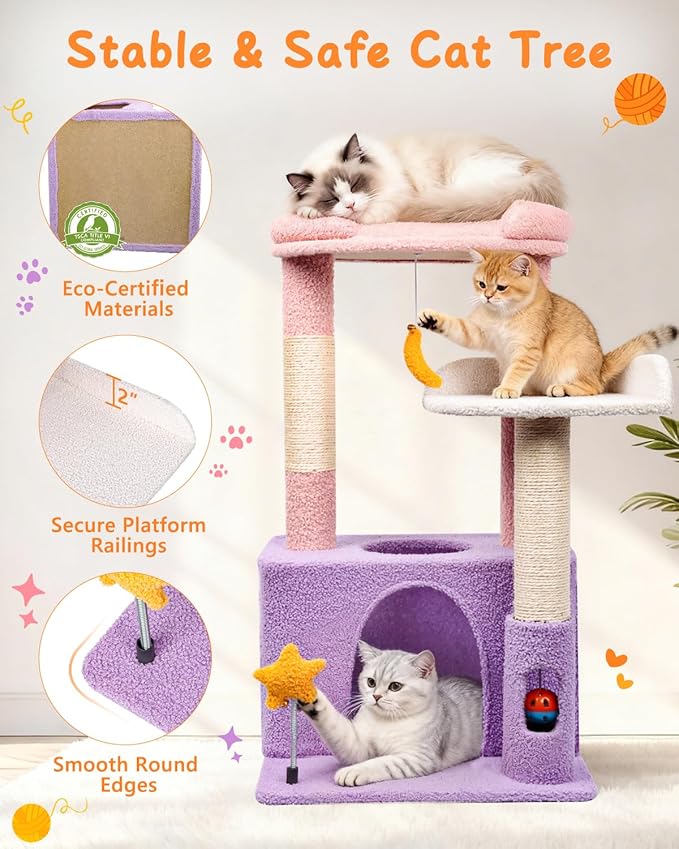 31" Cute Cat Tower for Indoor Kittens with Cat Condo, Plush Platform, Hammock, Sisal Scratching Posts, Dangling Ball, Tall Cat Tree Tower with Self-Grooming Brush (Moonlit Violet)