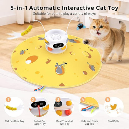 Interactive Cat Toys for Indoor Cats, 5 in 1 Hide and Seek Cat Toys with Automatic Laser and Motion Activated, Fluttering Feather & Dual Track Balls with Chirping for All Breeds, Rechargeable