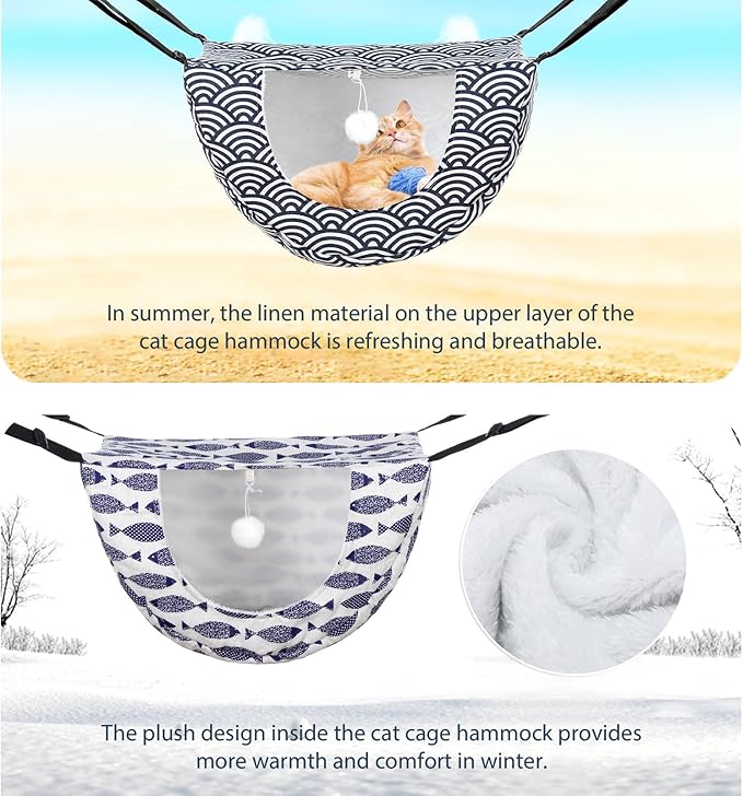 Unittype 2 Pieces Cat Cage Hammock Hanging Pet Bed Double Layer Soft Plush Hanging Pet Comfortable Hammock Bed for Indoor Kitten Ferret Hamster Rabbit or Small Animals, 2 Styles(Fish)