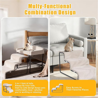 Dog Window Perch with Removable Stairs, Cat Window Seat with Cushioned Platform, Non-Slip Bedside Foam Pet Bed for Cats and Dogs, Beige