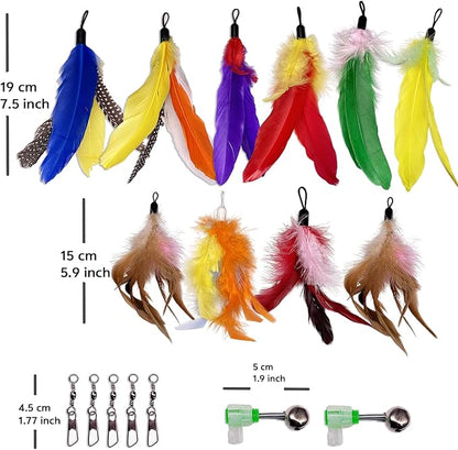 10 Pieces Cat Feather Toy Refills,Cat Wand Replacement Feathers Toys with Clip & Removable Bell,Wand Attachment Feather Toys for Indoor Cats (10 Pcs Feathers)