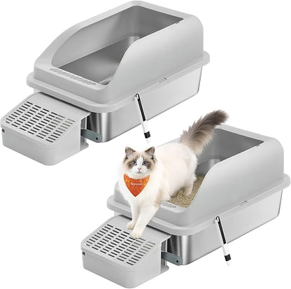 Feandrea 2 Pack Stainless Steel Cat Litter Boxes with Open Top, High Sided Litter Trays with Step, Scoop, Brush, for Cats up to 33 lb, Light Gray UPPT012GD01