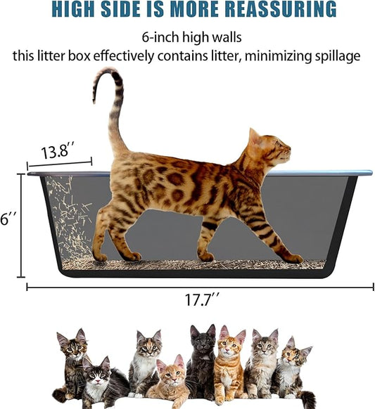 Stainless Steel Cat Litter Box - Metal Medium to Large High Sided Litter Pan Tray, Easy to Clean No Stick No Smell Litter Box Toilet for Indoor Kitty, Kitten (Black, 17.7" x13.8" x6")