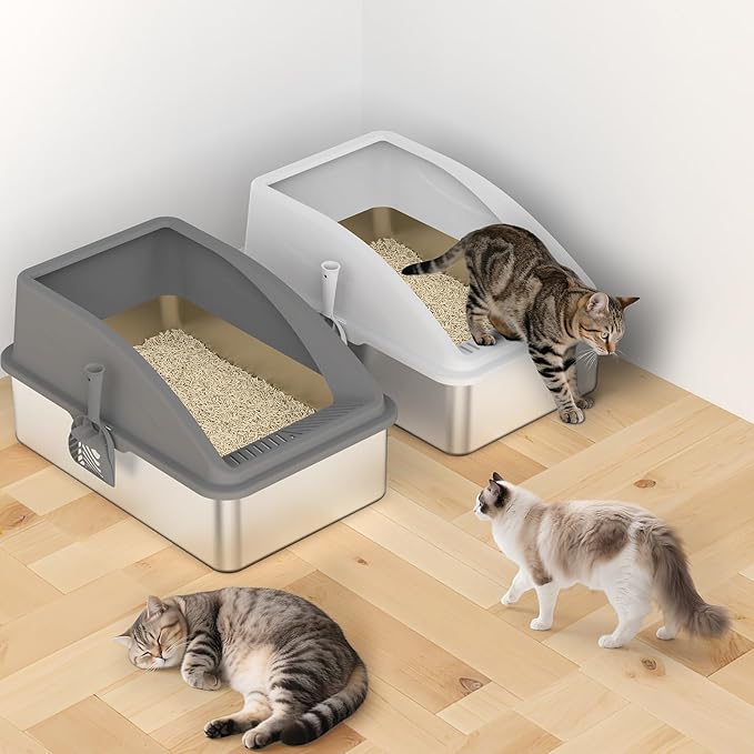 2 Pack Stainless Steel Litter Box | XL Enclosed Cat Litter Boxes with Lid for Big Cats and Multi-Cats | High Sided, Anti-Urine Leakage | Non-Stick Bottom（Multi-Colored）