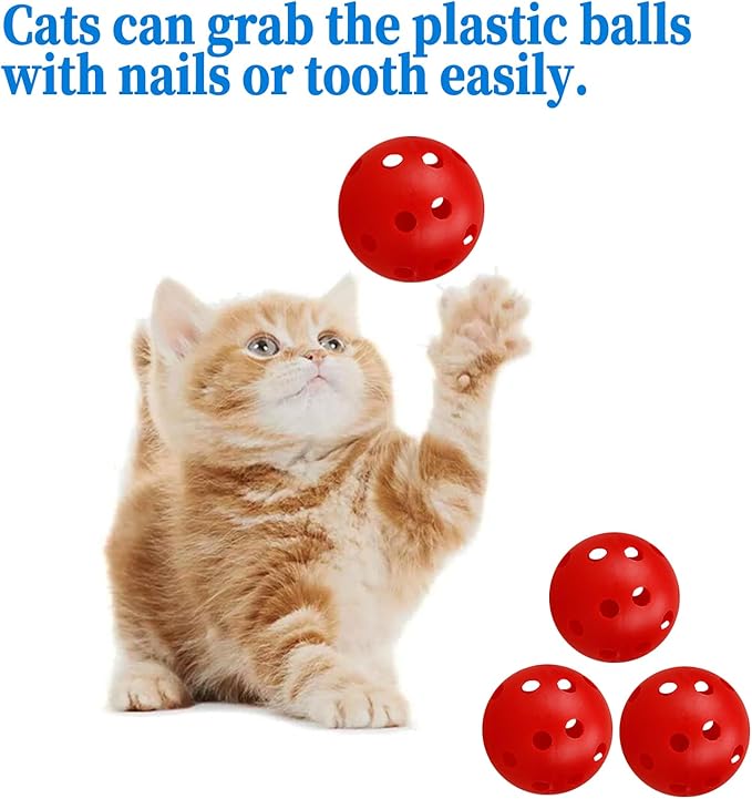 12Pcs Cat Ball Toy, Low Noise No Bells Holey Plastic Cat Balls, Funny Interactive Cats Toys for Indoor Cats, Firm Toy Balls for Kitten Puppy Ferret Bird (1.65", Red)