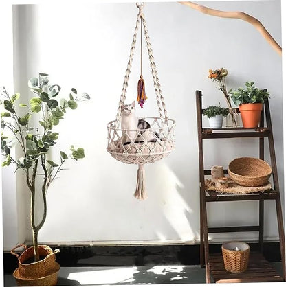 Cat Swing, 49 Inch Hanging Cat Bed with Cotton Mat, Boho Style Hammock with Tassel, Space Saving Hammock Bed for Sleeping, Playing, and Lounging, Hammocks