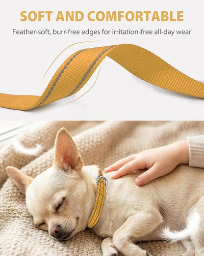 Joytale Puppy Collar, Feather-Light Double-Sided Reflective Nylon Collar for Night Safety, Adjustable Quick-Release for Extra Small Dogs, Khaki, XS (3/8" Width)