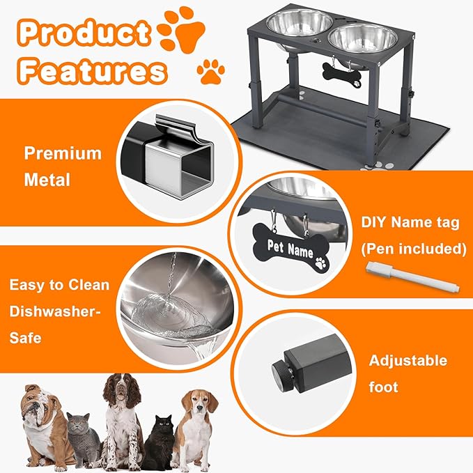 Elevated Dog Bowls, 4 Height Adjustable Metal Raised Bowl Stand with 2 Thick Stainless Steel Food Bowls & Spill-Proof Mat, Adjusts to 13.6'', 12.2'', 10.9'', 9.5'' for Large/Medium Breeds