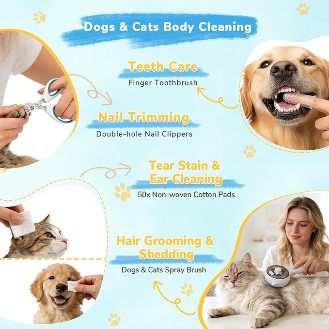 9in1 Pet Mist Spray Brush Kit for Cat & Dog, Hair Health & Grooming Set with 100ml Waterless Shampoo, Nail Clippers, Toothbrush, Comb, Eye Ear Paw Dry Wipes & Gloves, Hair Removal Glove, Gift-Set