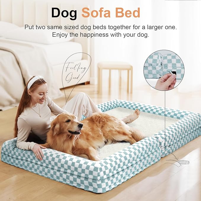 Large Dog Bed Orthopedic Washable: Beds Bolster XL Bed Large Big Dogs Egg Crate Foam Couch Sofa Waterproof with Removable Cover - Green Grid