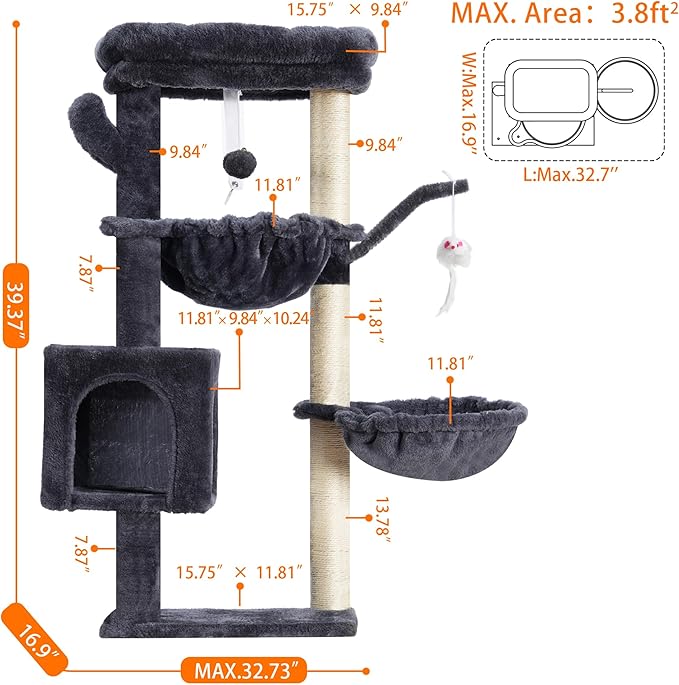 Heybly Cat Tree, 39.4 Inches Tower Condo with Scratching Post, Cat Tower for Indoor Cats, Fully Wrapped Sisal Pole, Soft Platform, 2 Baskets and Dangling Toy, Smoky Gray HCT006SG