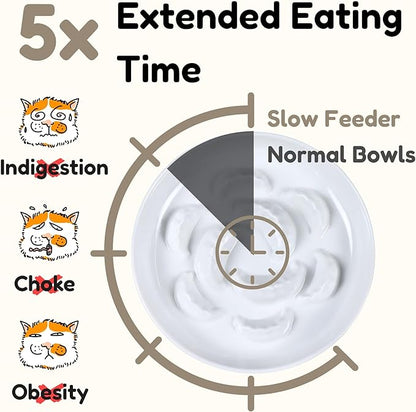 Slow Feeder Cat Bowl with Stand, Melamine Slow Eating Cat Bowl with Higher Edges Dumpling Design Elevated Cats Food Bowls for Dry and Wet Food Anti-Vomiting Puzzle Feeder for Healthy Eating Diet