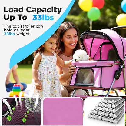 BestOffice Pet Stroller for Small Medium Dogs & Cats, 4-Wheel Foldable Dog Stroller with Cup Holder, Lightweight Travel Carrier, Waterproof Design for Outdoor Walks, Pink