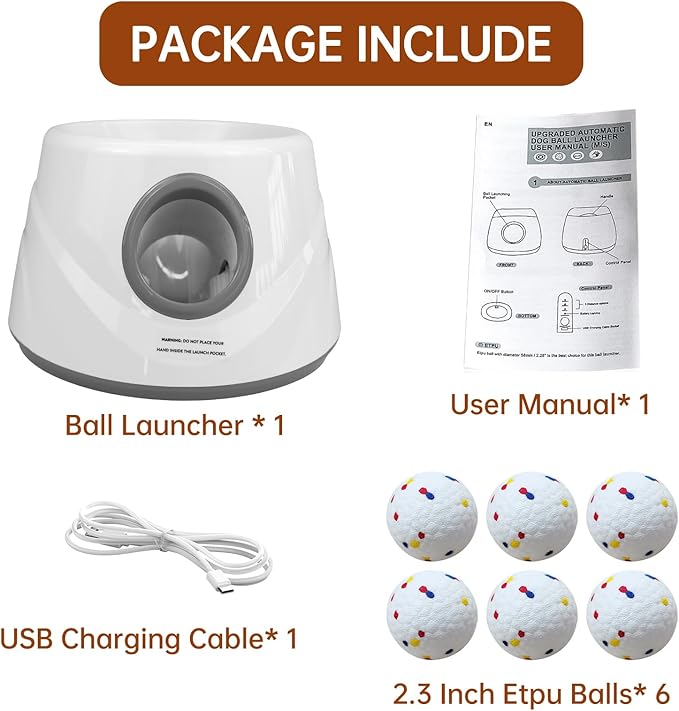 Automatic Ball Launcher for Dogs with 6 ETPU Balls, White, Adjustable Distance 20-45ft, USB Rechargeable, Interactive Dog Toy (Gary)